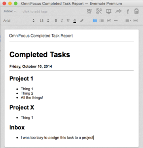 OmniFocus Completed Task Report Imported to Evernote